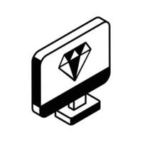 Diamond inside computer monitor showing concept isometric icon of diamond screen vector