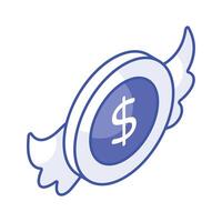 Dollar coin with wings showing concept icon of flying money in trendy style vector