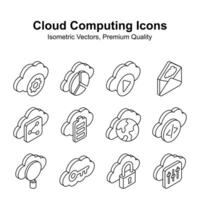 Get your hold on this creative cloud computing isometric vectors set, ready for premium use