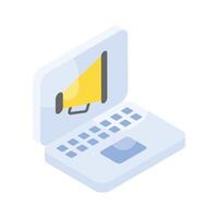 Megaphone inside laptop screen showing concept isometric icon of digital marketing vector