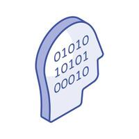 Human head having binary code, computer expert isometric vector design, programmers icon design