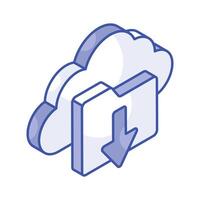 Cloud with file folder and down arrow, isometric icon of cloud download vector