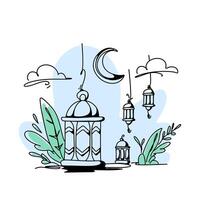 mano dibujado Ramadán linternas garabatear arte, minimalista hogar decoración póster vector