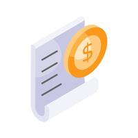 Dollar coin with page denoting concept icon of receipt, bill isometric vector design