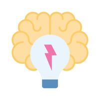 Thunderbolt inside lightbulb with human brain, flat concept icon of brainstorming vector