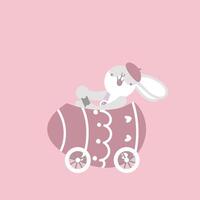 contento Pascua de Resurrección festival con animal mascota conejito Conejo montando huevo auto, pastel color, plano vector ilustración dibujos animados personaje