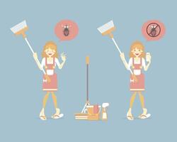 House cleaner, woman holding broom, cleaning house with mop, bucket, spray, cockroach, pest control, chore concept, flat character design clip art vector illustration cartoon