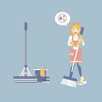 Female house cleaner, woman holding broom with mop, bucket, chore, cleaning concept, flat cartoon character design vector illustration