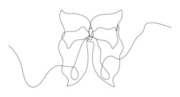 Delicate bow with ribbon in continuous line art style. Vector illustration isolated on white background.