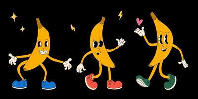 Groovy retro banana cartoon character set with trendy design elements. Vector vintage illustration on black background.