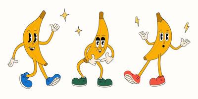 Groovy retro banana cartoon character set. Vector vintage illustration.