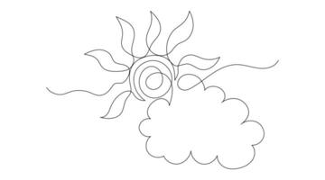 One line continuous sun with cloud outline doodle icon. Vector weather illustration isolated on white background. Editable stroke.