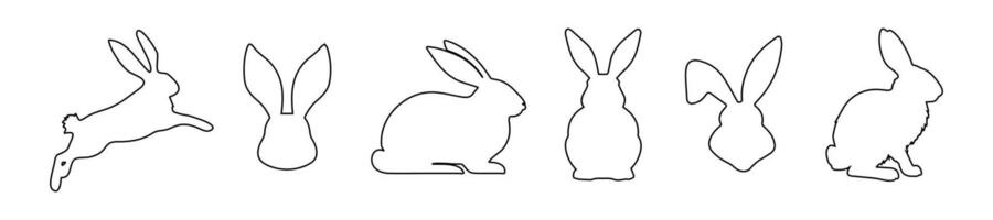 Set of rabbits in outline. Easter bunnies. Isolated on a white background. A simple black icons of hares. Cute animals. Ideal for logo, emblem, pictogram, print, design element for greeting card. vector