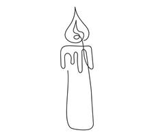 Wax candle with flame. Burning decorative candle. Continuous one line drawing. Line art. Isolated on white background. Design element for print, greeting, postcard, scrapbooking. Black and white. vector