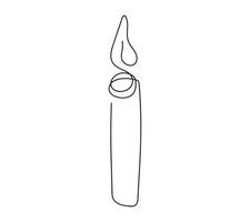 Wax candle with flame. Burning decorative candle. Continuous one line drawing. Line art. Isolated on white background. Design element for print, greeting, postcard, scrapbooking. Black and white. vector