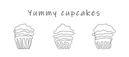 Set of cupcakes in style of continuous one line drawing with text Yummy Cupcakes. Simple line art of muffins with wavy frosting. Black and white vector. Design elements for greeting, postcard, print vector