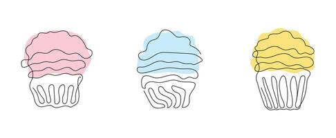 Set of colorful cupcakes in style of continuous one line drawing. Simple line art of muffins with wavy frosting. Vector isolated on white. Design elements for greeting, postcard, print, scrapbooking