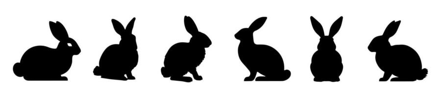 Set of Rabbit silhouettes. Easter bunnies. Isolated on white backdrop. A simple black icons of hares. Cute animals. Ideal for logo, emblem, pictogram, print, design element for greeting card. vector