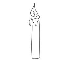 Wax candle with flame. Burning decorative candle. Continuous one line drawing. Line art. Isolated on white background. Design element for print, greeting, postcard, scrapbooking. Black and white. vector