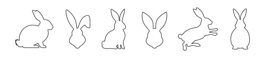 Set of rabbits in outline. Easter bunnies. Isolated on white background. A simple black icons of hares. Cute animals. Ideal for logo, emblem, pictogram, print, design element for greeting card. vector