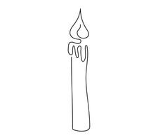 Wax candle with flame. Burning decorative candle. Continuous one line drawing. Line art. Isolated on white background. Design element for print, greeting, postcard, scrapbooking. Black and white. vector