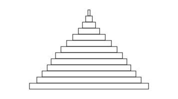 Black step pyramid on white background. Pyramid consisting of horizontal rectangles. Black outline. Triangle. Simple geometric design. Logo, icon, pictogram. Vector