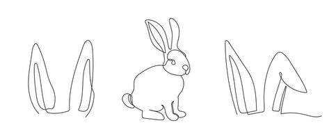 Set of rabbit and bunny ears. Continuous one line drawing. Simple line art. Isolated on white background. Minimalist style. Design elements for print, greeting, postcard, scrapbooking. vector