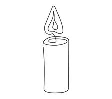 Wax candle with flame. Burning decorative candle. Continuous one line drawing. Line art. Isolated on white background. Design element for print, greeting, postcard, scrapbooking. Black and white. vector