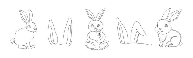 Set of rabbits and bunny ears. Continuous one line drawing. Simple line art. Isolated on white background. Minimalist style. Design elements for print, greeting, postcard, scrapbooking. vector