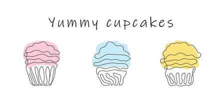 Set of colorful cupcakes in style of continuous one line drawing with text Yummy Cupcakes. Simple line art of muffins with wavy frosting. Vector isolated on white. For greeting, postcard, print