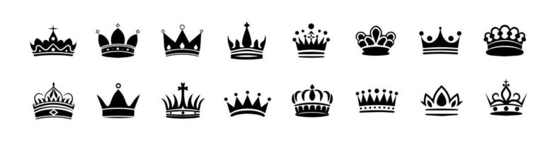 Crown icons set. Simple, black silhouettes of a royal crowns. Vector illustration isolated on white background. Ideal for logos, emblems, insignia. Can be used in branding, web design.
