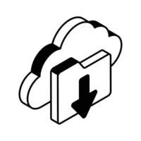 Cloud with file folder and down arrow, isometric icon of cloud download vector