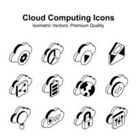 Get your hold on this creative cloud computing isometric vectors set, ready for premium use