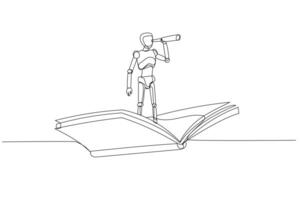 Drawing of Vector Robot chatbot,AI in science and business using telescope on flying book