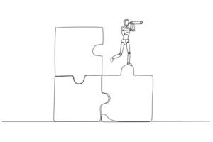 Drawing of Vector Robot chatbot,AI in science and business standing on jigsaw looking for missing piece