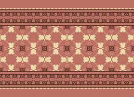 Ethnic Geometric Seamless Fabric Pattern Cross Stitch. Ikat Embroidery Oriental Pixel Pattern Cream Background. Abstract,vector,illustration. Texture,cross Stitch,scarf,decoration,motifs,wallpaper. vector