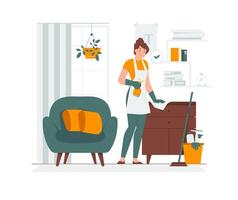 tareas del hogar, casa acuerdo servicio, mujer vistiendo delantal limpieza polvo en hogar concepto ilustración vector