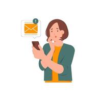 Worried frustrated woman shocked looking at phone, spam message, warning, caution, alert email notification concept illustration vector