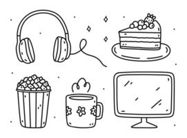 Me time set - watching a movie with popcorn, tea and cake. An evening for yourself, self care, slow life concept. Vector hand-drawn illustration in doodle style.