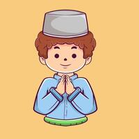 character Cute Moslem boy celebrating salaam ramadan mubarak, eid mubarak cartoon vector illustration. flat cartoon illustration