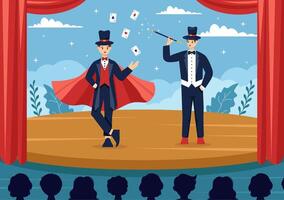 Magician Vector Illustration with Illusionist Conjuring Tricks and Waving a Magic Wand above his Mysterious Hat on a Stage in Flat Cartoon Background