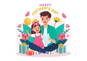 Happy Fathers Day Vector Illustration with Father and his Son or Daughter Playing Together in Flat Kids Cartoon Background Design