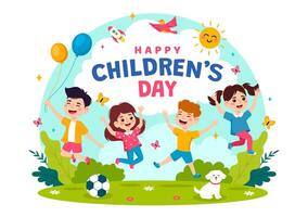 Happy Children's Day Vector Illustration with Kids Togetherness in Children Celebration Cartoon Bright Sky Blue Background and Green Field Design