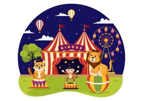 circo vector ilustración con espectáculo de gimnasta, mago, animal león tigre, anfitrión, artista, payasos y diversión parque en plano dibujos animados antecedentes