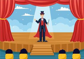 Magician Vector Illustration with Illusionist Conjuring Tricks and Waving a Magic Wand above his Mysterious Hat on a Stage in Flat Cartoon Background