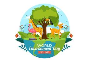 World Environment Day Vector Illustration with Green Tree and Animals in Forest for Save the Planet or Taking Care of the Earth in Flat Background