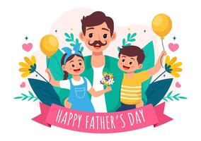 Happy Fathers Day Vector Illustration with Father and his Son or Daughter Playing Together in Flat Kids Cartoon Background Design