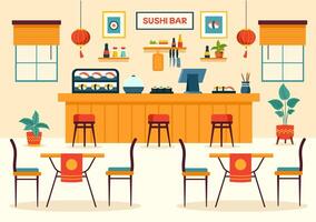 Sushi bar vector ilustración de Japón asiático comida o restaurante de sashimi y arroz para comiendo con soja salsa y wasabi en plano dibujos animados antecedentes