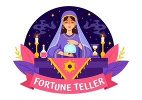 fortuna cajero vector ilustración con cristal pelota, magia libro o tarot para predice destino y narración el futuro concepto en plano dibujos animados antecedentes