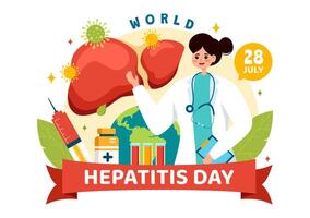 mundo hepatitis día vector ilustración en 28 julio de paciente enfermo hígado, cáncer y cirrosis en cuidado de la salud plano dibujos animados antecedentes diseño
